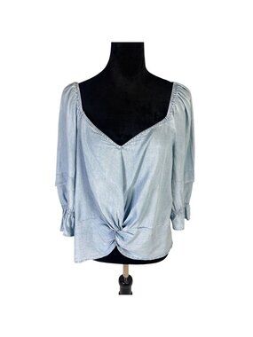 Soho Jeans Chambray Peasant Blouse L Light Blue Puff Sleeve Boho Front Knot Top